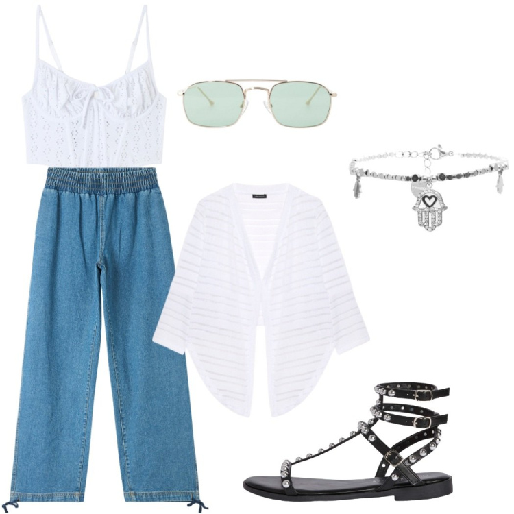 Outfit donna - Bianco piuma. Stile Casual chic per Tutti i giorni. Abbinamento con jeans, top, sandali, occhiali da sole, braccialetti, bolero.