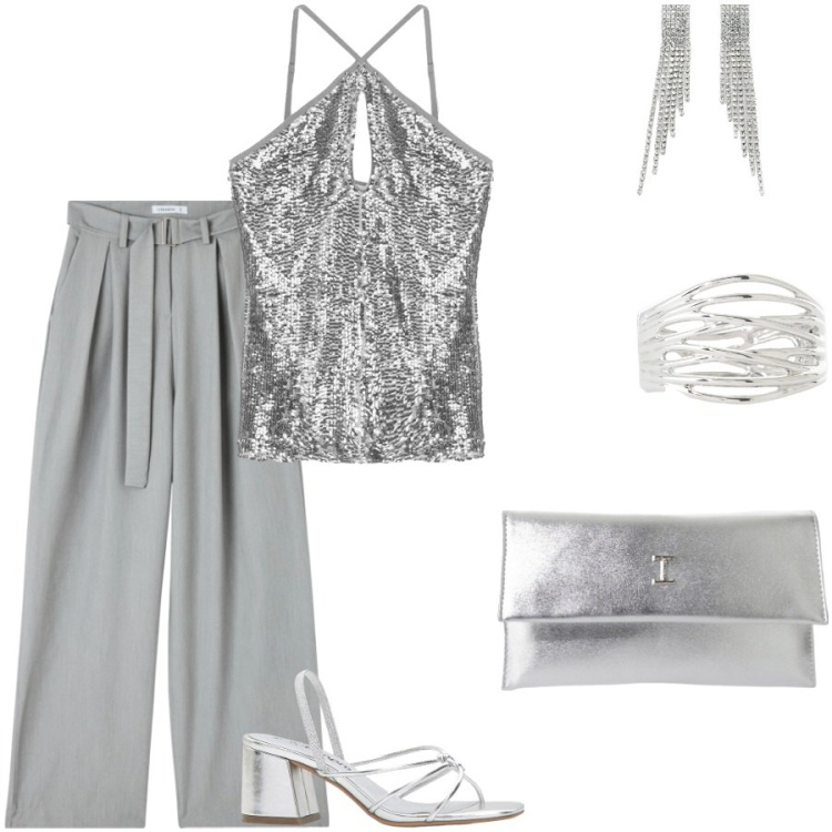 Outfit donna - Grigio e argento. Stile Chic per Serata fuori. Abbinamento con sandali col tacco, pantaloni, top, pochette, orecchini, braccialetti.