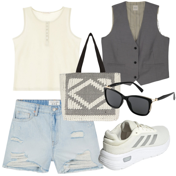 Outfit donna - Mattinata con le amiche. Stile Sporty chic Abbinamento con occhiali da sole, shorts, canottiere, gilet, shopping bag, sneakers.