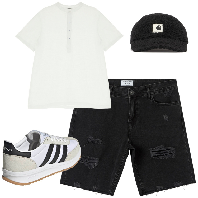 Outfit uomo - Total look #2173216. Stile Casual per Cerimonia. Abbinamento con shorts, t-shirt, sneakers, cappelli.