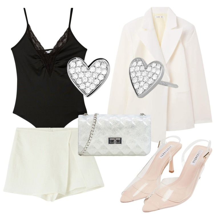 Outfit donna - Terranova summer vibes. Stile Casual chic per Serata fuori. Abbinamento con minigonne, borse a tracolla, sandali col tacco, blazer, body, orecchini.