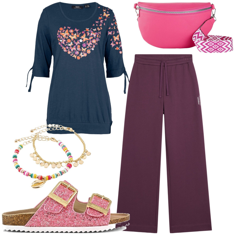 Outfit donna - Finalmente a casa. Stile Basic per Tutti i giorni. Abbinamento con maglieria, marsupi, braccialetti con ciondoli, pantaloni, sandali.