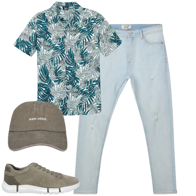 Outfit uomo - Total look #2173221. Stile Casual per Tutti i giorni. Abbinamento con camicie a manica corta, sneakers, cappelli, jeans strappati.