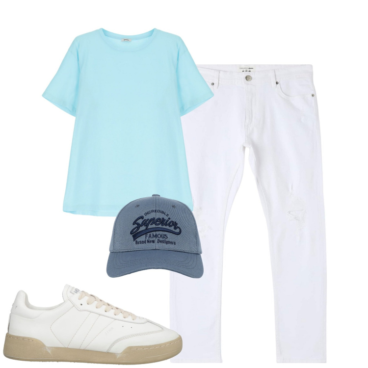 Outfit uomo - Total look #2173223. Stile Casual per Tutti i giorni. Abbinamento con sneakers, jeans strappati, cappelli con visiera, t-shirt.