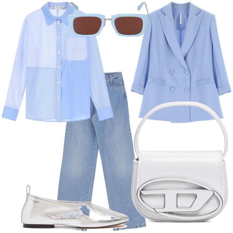 Outfit donna - Total look. Stile Bon Ton per Ufficio. Abbinamento con blazer, jeans, camicie, occhiali da sole, ballerine, borse a mano.
