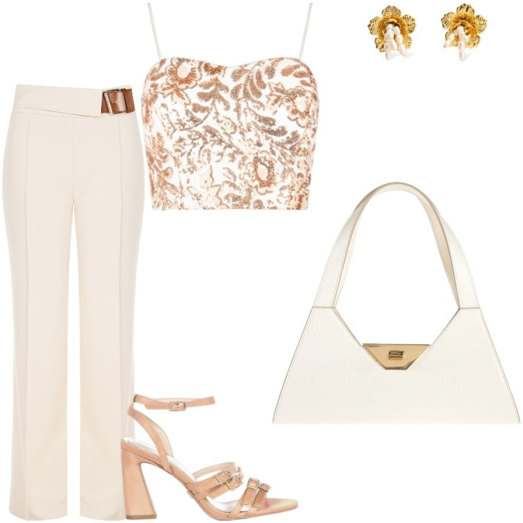 Outfit donna - Il top gioiello. Stile Chic per Serata fuori. Abbinamento con borse a mano, pantaloni, sandali col tacco, top, orecchini.