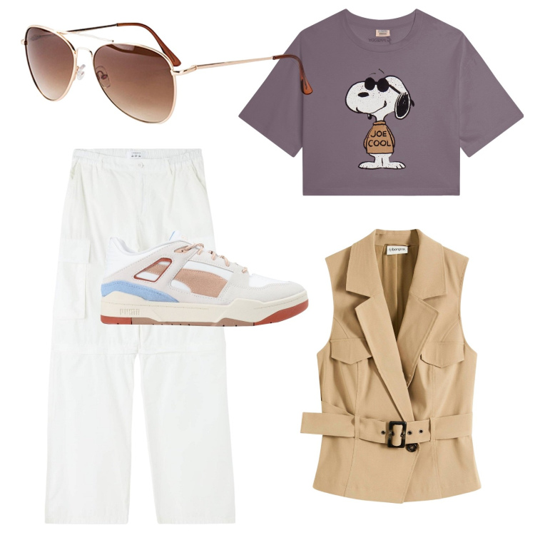 Outfit donna - Passeggiata per le vie del centro. per Tutti i giorni. Abbinamento con occhiali da sole, gilet, sneakers, pantaloni cargo, t-shirt.