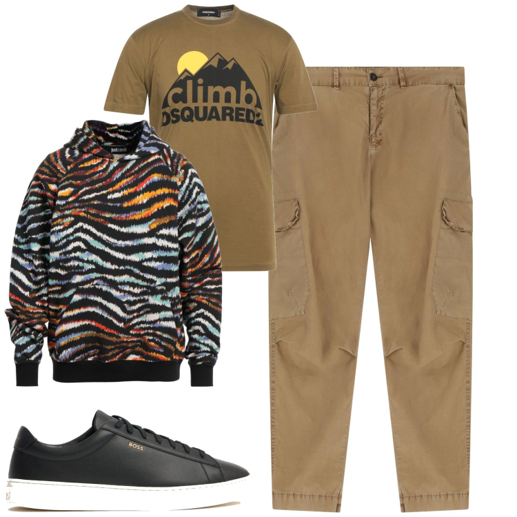 Outfit uomo - Total look #2173234. Stile Casual per Tutti i giorni. Abbinamento con felpe con cappuccio, t-shirt, pantaloni cargo, sneakers.