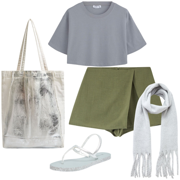 Outfit donna - Ancora un po’ di fresco. Stile Basic per Tutti i giorni. Abbinamento con sandali, minigonne, sciarpe, shopping bag, t-shirt.