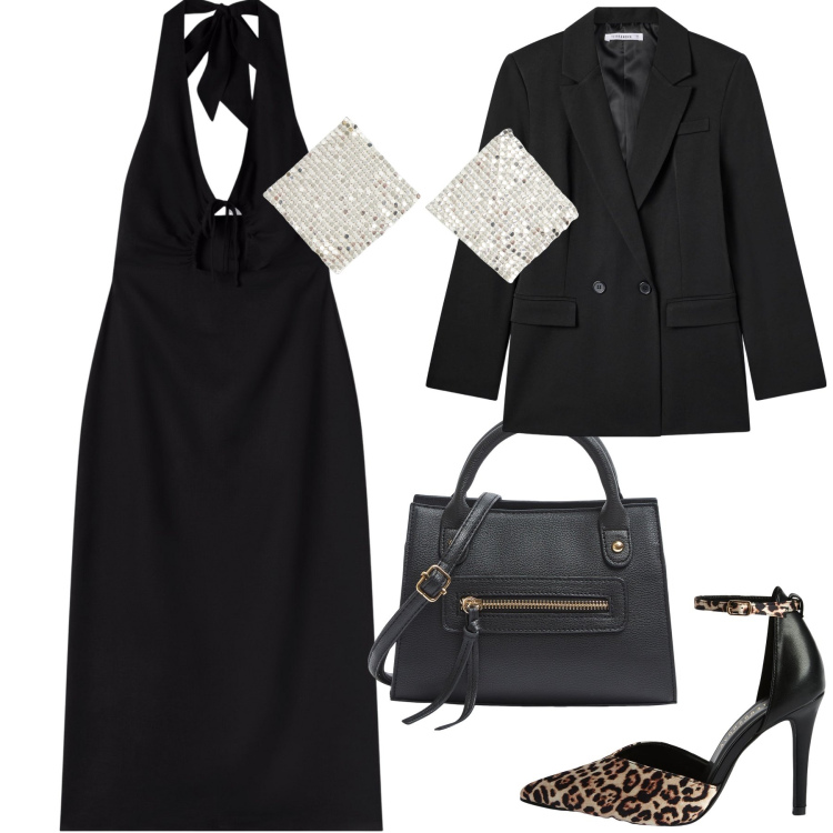 Outfit donna - Ufficio e subito aperitivo. Stile Glamour per Serata fuori. Abbinamento con vestiti lunghi, décolleté, blazer, orecchini, borse a mano.