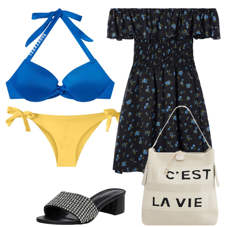 Outfit donna - La vie a la plage. Stile Glamour per Mare. Abbinamento con vestiti corti, bikini, bikini, ciabatte, borse a mano.