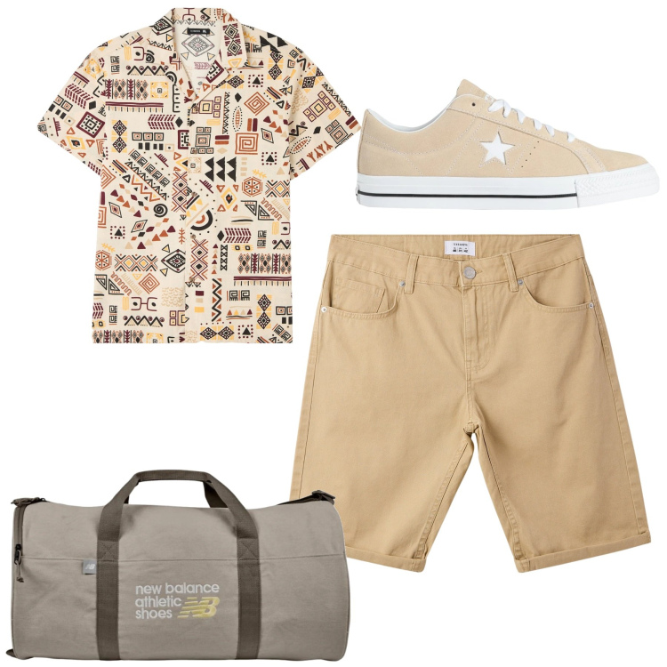 Outfit uomo - Weekend. Stile Casual per Tutti i giorni. Abbinamento con sneakers, bermuda, camicie a manica corta, borse sportive.