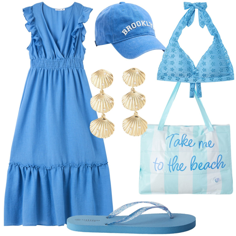 Outfit donna - Festa sul mio rooftop vista mare. Stile Trendy per Mare. Abbinamento con vestiti lunghi, borse tote, infradito, cappelli, orecchini, bikini.