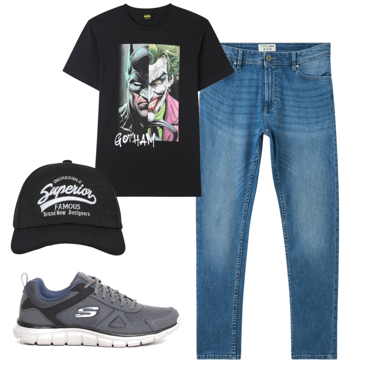 Outfit uomo - City. Stile Casual per Tutti i giorni. Abbinamento con jeans skinny, cappelli con visiera, t-shirt, sneakers.