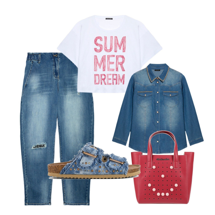 Outfit donna - Allegramente Curvy!!!. Stile Casual per Tutti i giorni. Abbinamento con borse a mano, sandali, camicie, jeans dritti, t-shirt.
