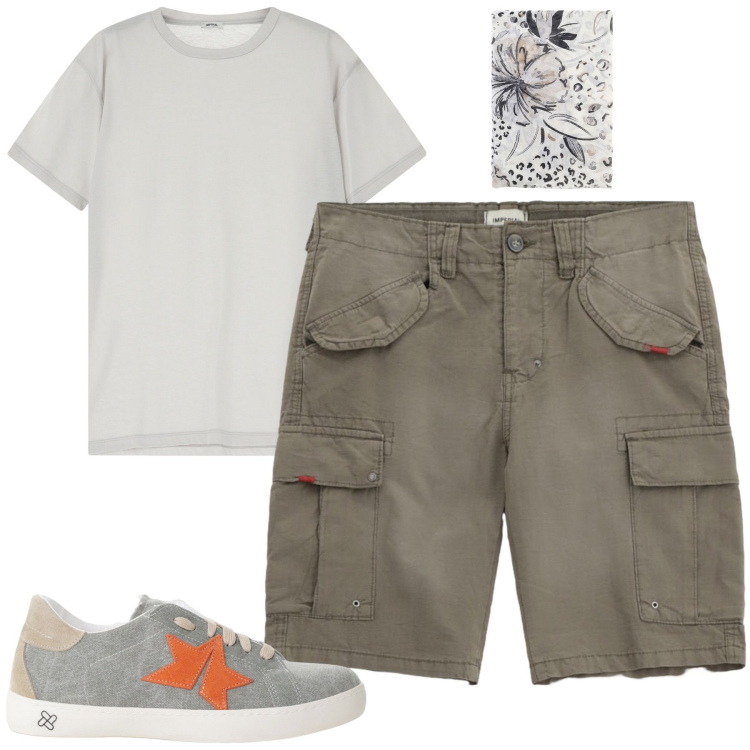 Outfit uomo - Total look #2173257. Stile Casual per Tutti i giorni. Abbinamento con sneakers, bermuda, t-shirt, sciarpe e foulard.