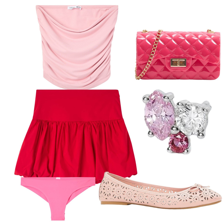 Outfit donna - Rosso e rosa. Stile Chic per Serata fuori. Abbinamento con ballerine, culotte, borse a tracolla, minigonne, top, orecchini.