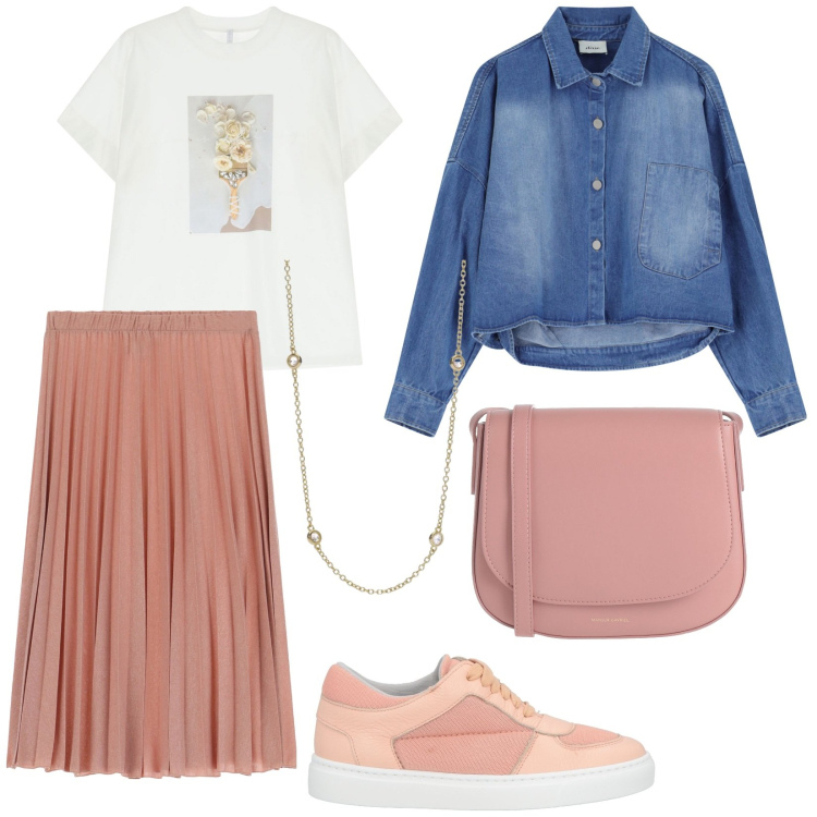 Outfit donna - Sto bene!. Stile Casual chic per Tutti i giorni. Abbinamento con sneakers, borse a tracolla, collane, gonne, t-shirt, blazer.