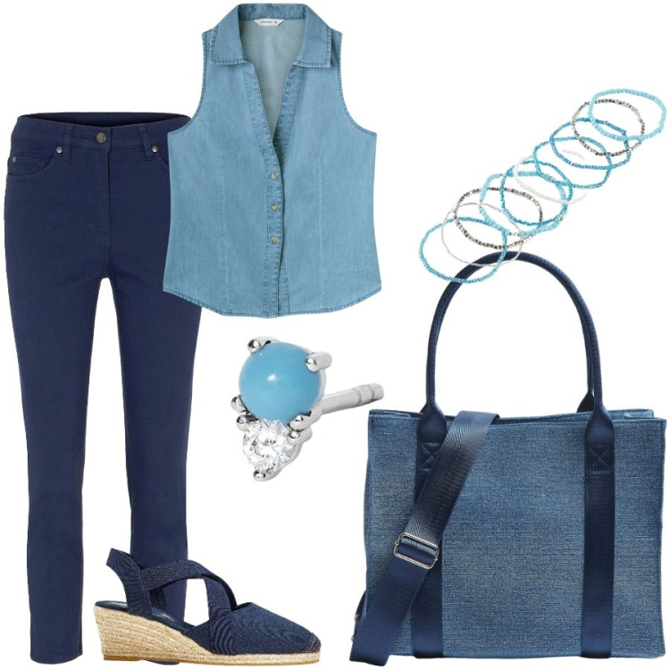 Outfit donna - Il top "gilet "denim. Stile Casual per Scuola/Università. Abbinamento con braccialetti, pantaloni, sandali col tacco, shopping bag, camicie, orecchini.