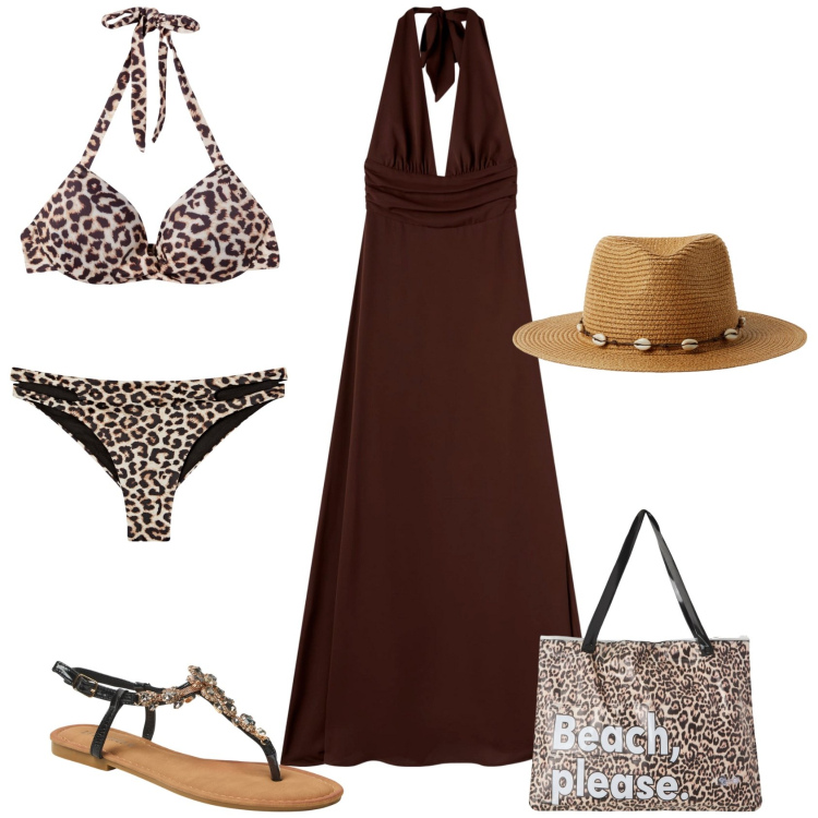Outfit donna - Total look #2173263. Stile Boho per Mare. Abbinamento con borse tote, bikini, vestiti lunghi, bikini, cappelli, sandali gioiello.