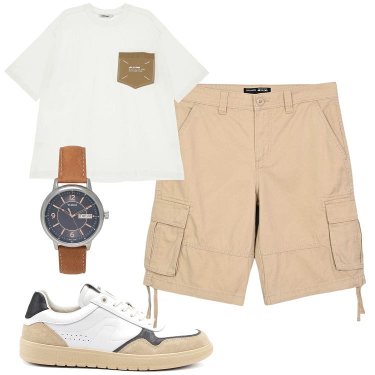Outfit uomo - Weekend. Stile Casual per Tutti i giorni. Abbinamento con orologi, bermuda, t-shirt, sneakers.