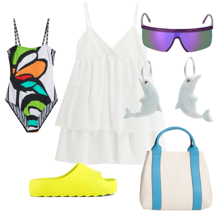 Outfit donna - Total look. Stile Trendy per Mare. Abbinamento con costumi interi, borse a mano, orecchini, vestiti corti, ciabatte, occhiali da sole.