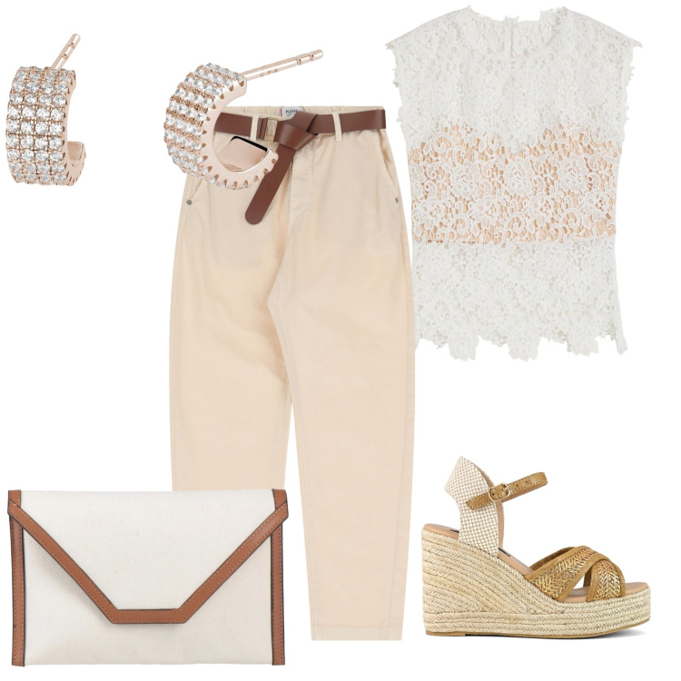 Outfit donna - Un carissimo top. Stile Chic per Ufficio. Abbinamento con top, borse a mano, orecchini, pantaloni chino, zeppe.