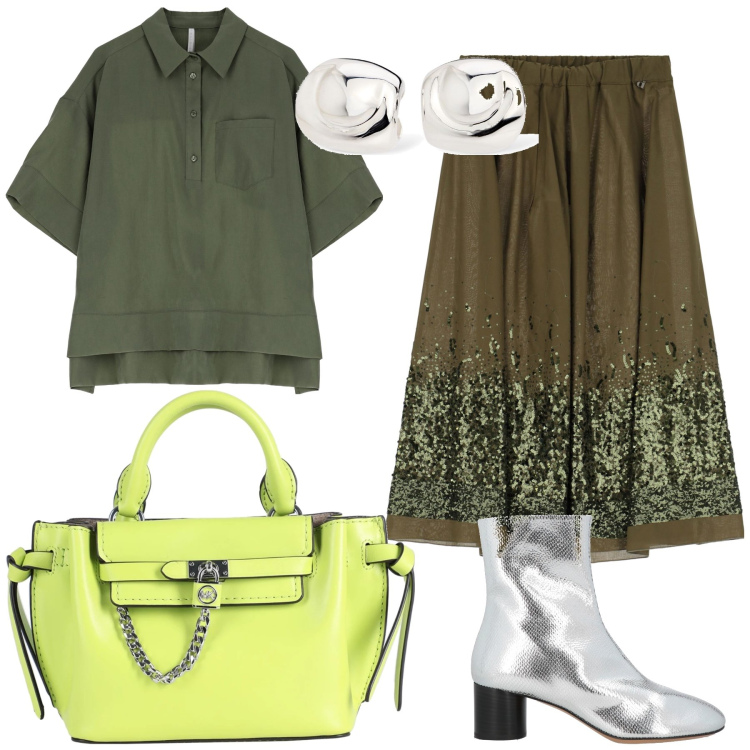 Outfit donna - Città. Stile Urban per Tutti i giorni. Abbinamento con borse a mano, stivaletti, camicie a manica corta, gonne lunghe, orecchini.