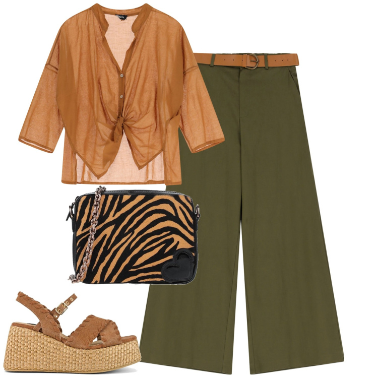 Outfit donna - City. Stile Urban per Tutti i giorni. Abbinamento con borse a tracolla, camicie, pantaloni, zeppe.
