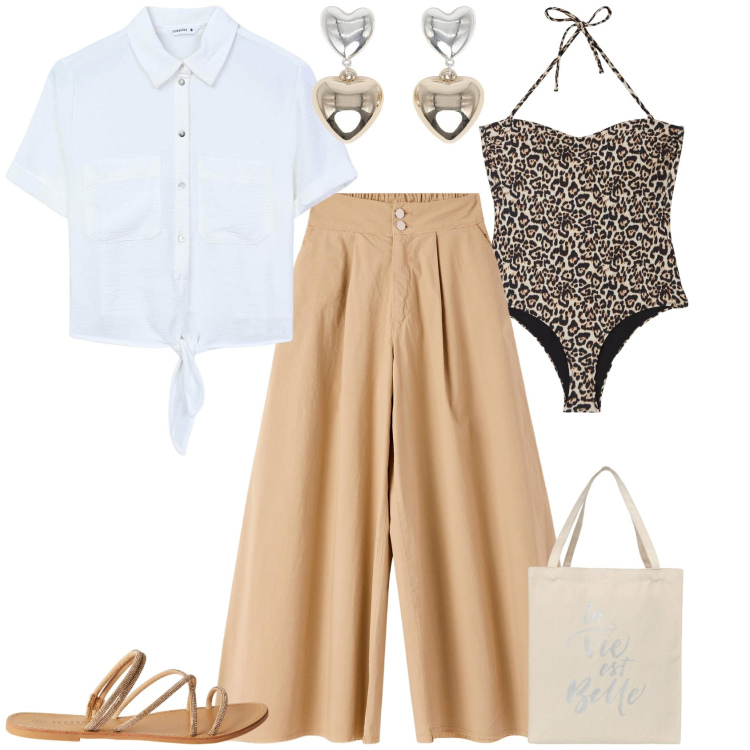 Outfit donna - Total look #2173276. Stile Chic per Mare. Abbinamento con costumi interi, borse tote, camicie a manica corta, orecchini, pantaloni, sandali.