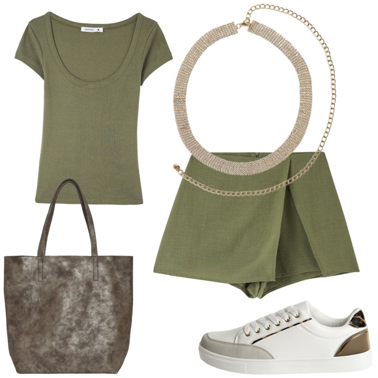 Outfit donna - Verde bosco. Stile Sporty chic per Tutti i giorni. Abbinamento con minigonne, t-shirt, sneakers, collane, borse tote.