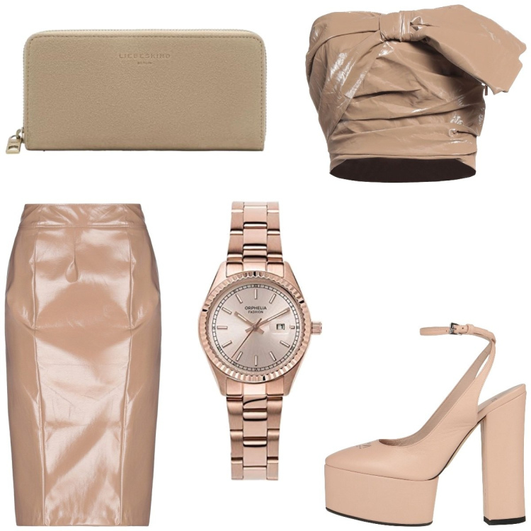 Outfit femme - Casual chic #9850. Style Casual chic pour Soirée dehors. Assortir avec montres analogiques, chaussures à talon, jupes au genou, hauts, portefeuille.