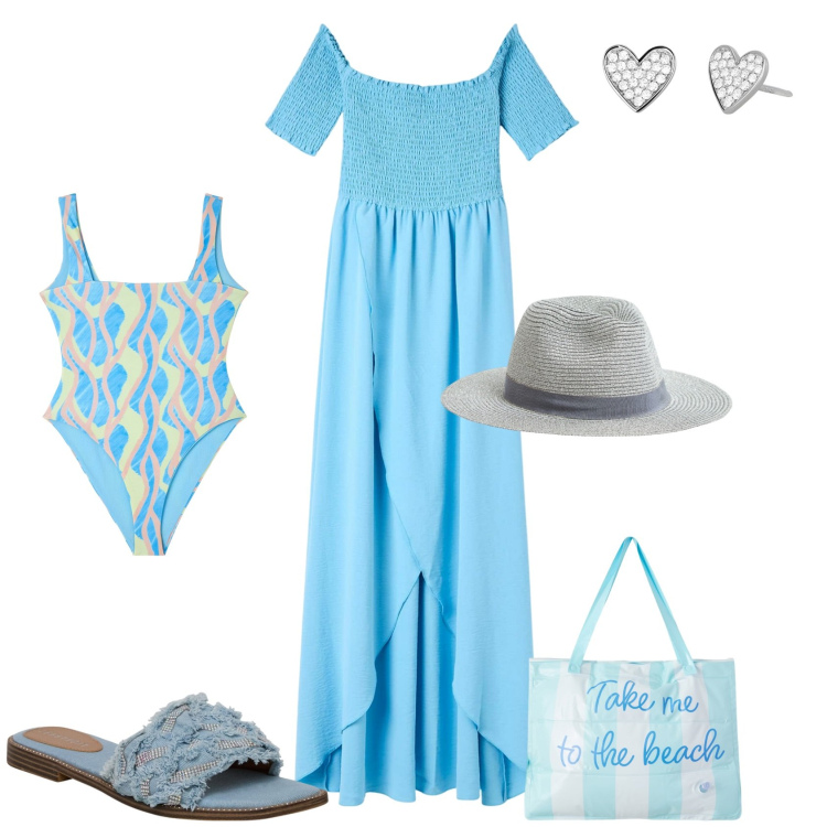 Outfit donna - Total look #2173283. Stile Boho per Mare. Abbinamento con vestiti lunghi, cappelli, borse tote, ciabatte, costumi interi, orecchini.