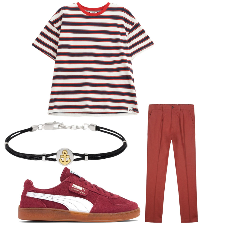Outfit uomo - Righe. Stile Casual per Tutti i giorni. Abbinamento con braccialetti, t-shirt, pantaloni, sneakers.