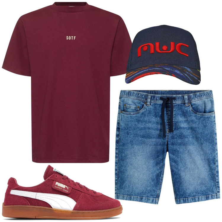 Outfit uomo - Total look #2173289. Stile Urban per Tutti i giorni. Abbinamento con bermuda, cappelli, sneakers, t-shirt.