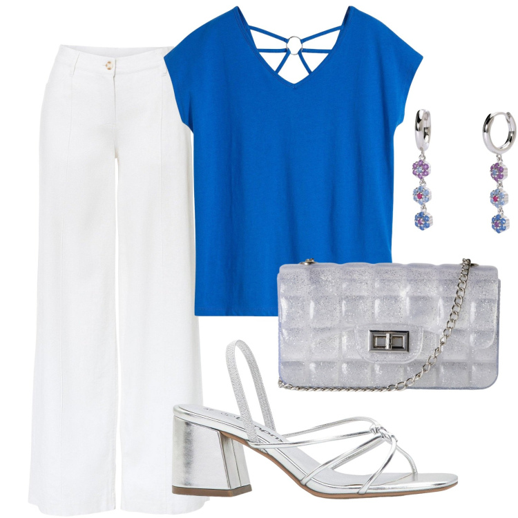 Outfit donna - Eleganza e praticità. Stile Casual chic per Ufficio. Abbinamento con pantaloni a palazzo, sandali col tacco, maglieria, borse a tracolla, orecchini.