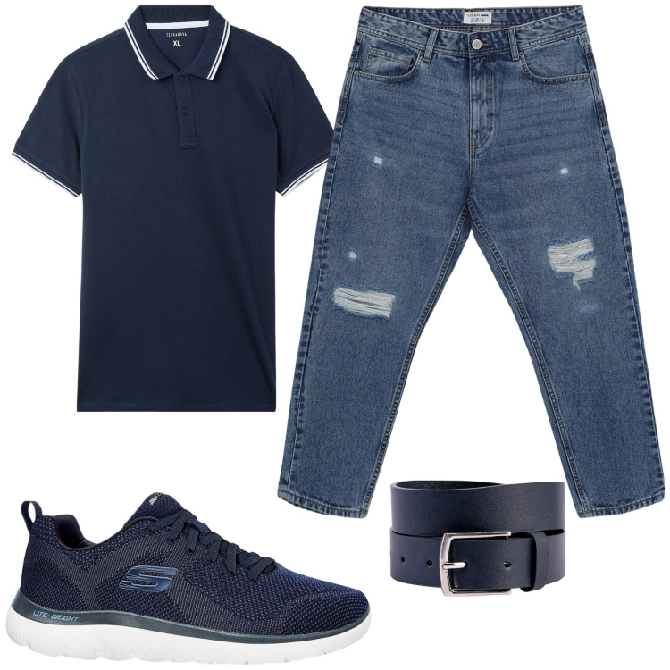 Outfit uomo - Total look #2173294. Stile Casual per Tutti i giorni. Abbinamento con sneakers, jeans strappati, polo, cinture.