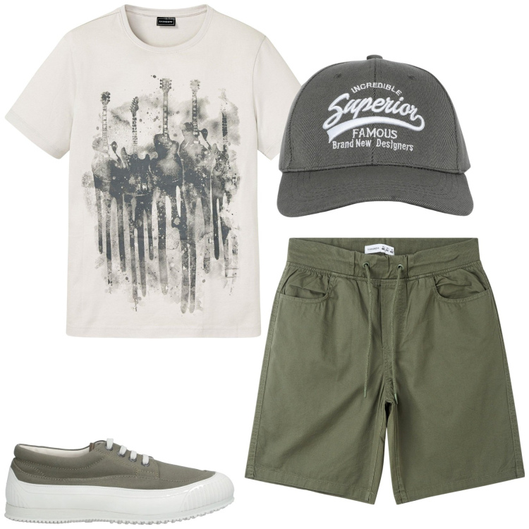 Outfit uomo - Total look #2173309. Stile Casual per Tutti i giorni. Abbinamento con t-shirt, sneakers, cappelli con visiera, shorts.