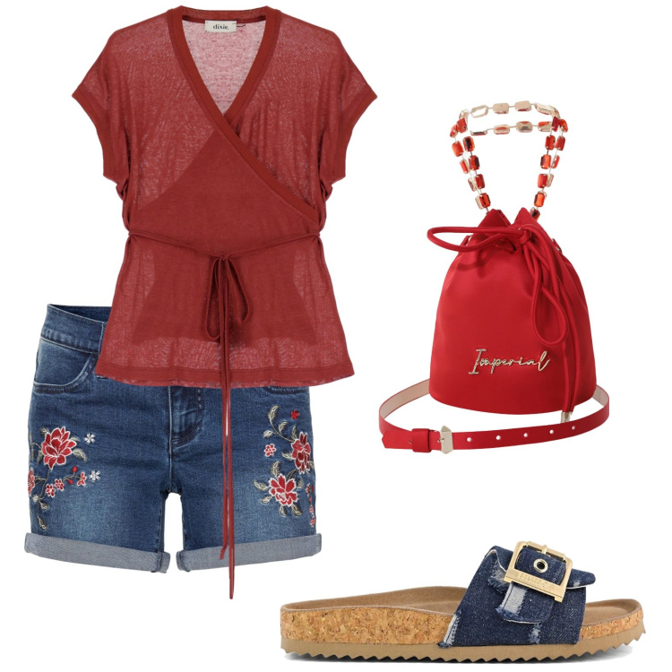 Outfit donna - Summer. Stile Casual per Tutti i giorni. Abbinamento con shorts, borse a secchiello, top, sandali.