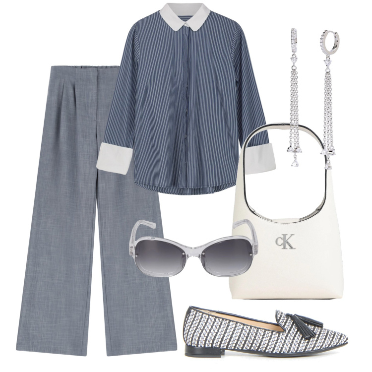 Outfit donna - Essenziale H24. Stile Minimal per Tutti i giorni. Abbinamento con borse a mano, orecchini, pantaloni, camicie, mocassini, occhiali da sole.
