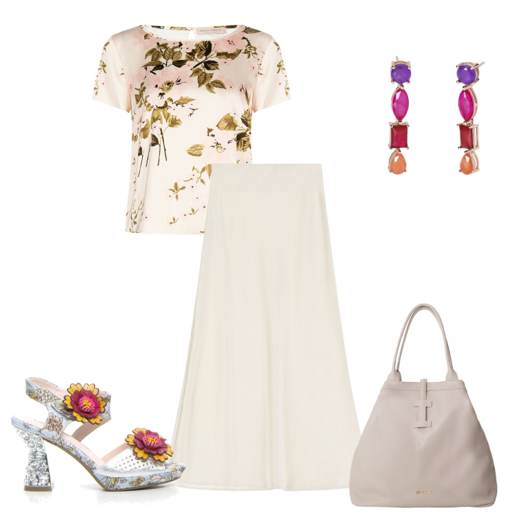 Outfit donna - La gonna bianca fluida. Stile Casual chic per Tutti i giorni. Abbinamento con orecchini, bluse, gonne lunghe, borse tote, sandali col tacco.