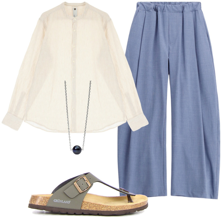 Outfit uomo - Comodità in lino. Stile Casual per Tutti i giorni. Abbinamento con collane, camicie, pantaloni, sandali.