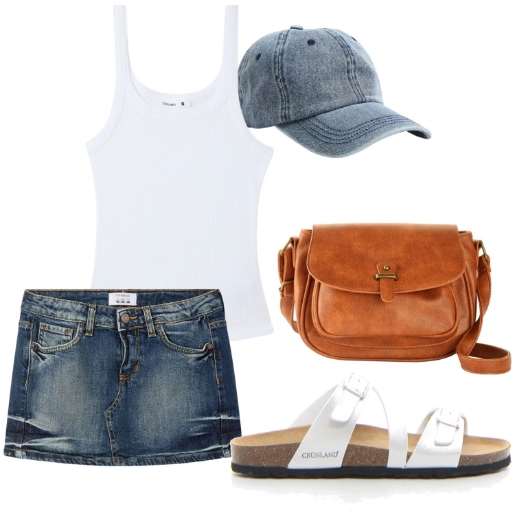Outfit donna - Vacanze estive. Stile Sporty chic per Tutti i giorni. Abbinamento con borse a tracolla, cappelli, minigonne, canottiere, ciabatte.