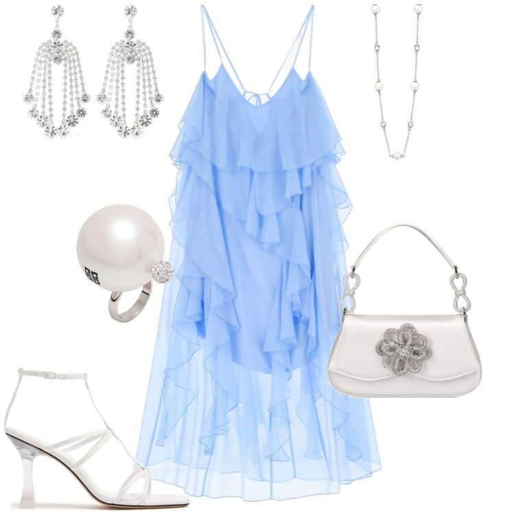 Outfit donna - Evento serata speciale. Stile Romantica per Serata fuori. Abbinamento con anelli, collane, vestiti lunghi, borse a mano, orecchini, sandali in pelle.