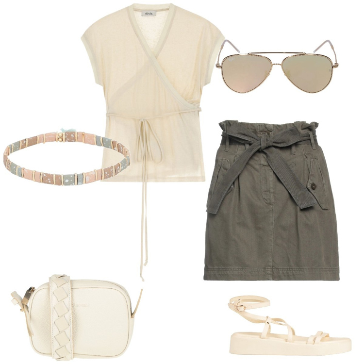 Outfit donna - A mini stile militare. Stile Military per Tutti i giorni. Abbinamento con minigonne, sandali in pelle, braccialetti, borse a tracolla, top, occhiali da sole.