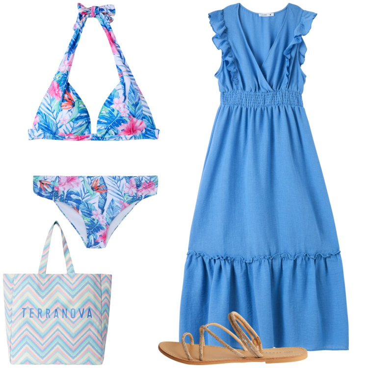 Outfit donna - Terranova - Summer Vibes. Stile Casual per Mare. Abbinamento con vestiti lunghi, bikini, bikini, sandali, borse tote.