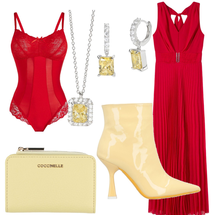 Outfit donna - Colpi di fulmine. Stile Sexy per Serata fuori. Abbinamento con body, vestiti, portafogli, stivaletti, orecchini, collane.