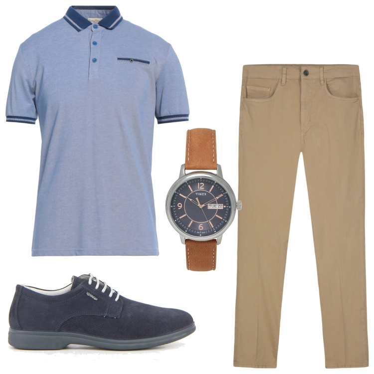 Outfit uomo - In città. Stile Urban per Ufficio. Abbinamento con orologi, polo, pantaloni, scarpe stringate.