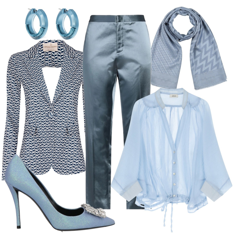 Outfit donna - Cenere. Stile Bon Ton per Ufficio. Abbinamento con décolleté, sciarpe, pantaloni, camicie, blazer, orecchini.