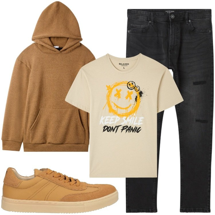 Outfit uomo - Don\'t Panic. Stile Casual per Tutti i giorni. Abbinamento con sneakers, t-shirt, jeans strappati, felpe.